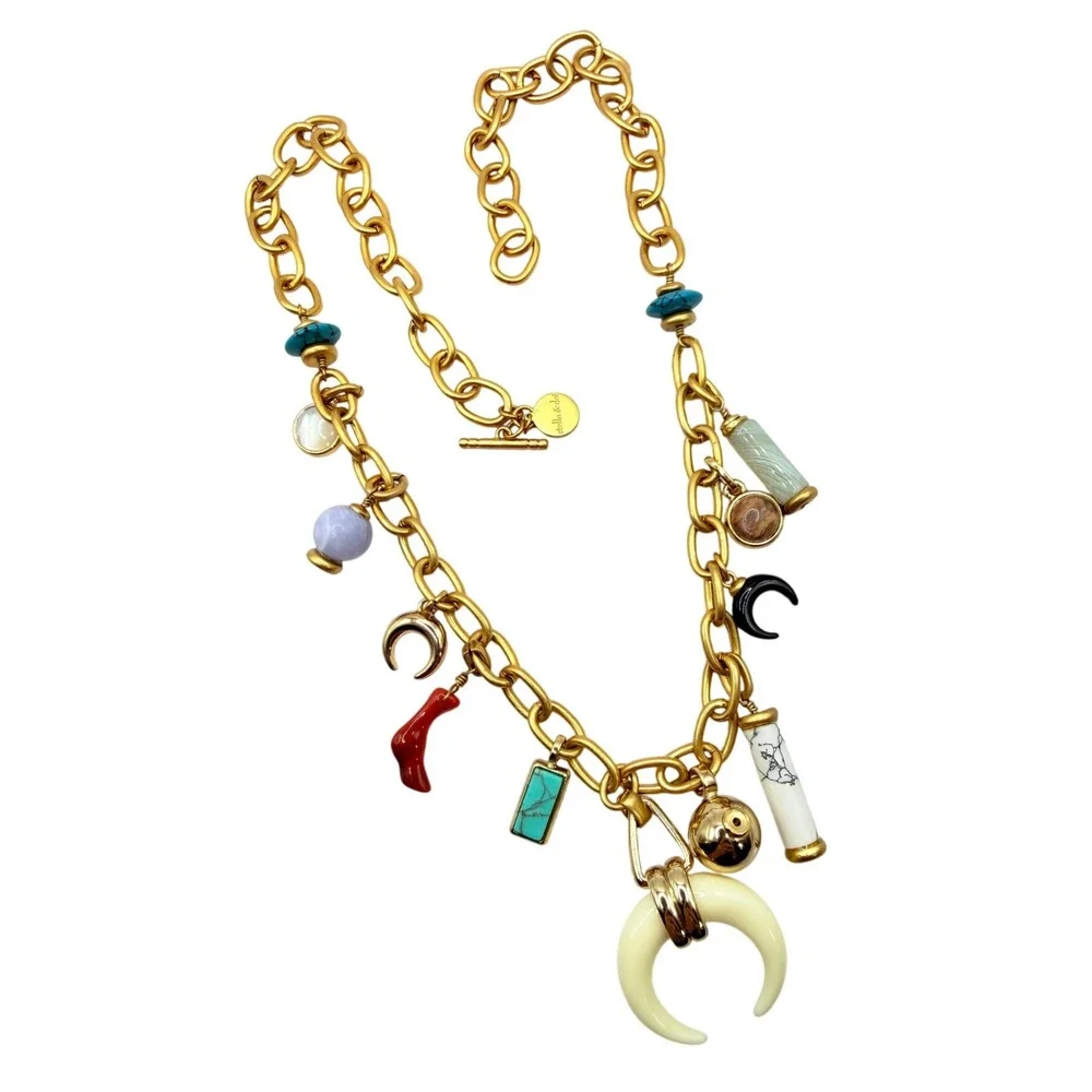Stella & Dot Gold Tone Boho Charm Necklace Crescent Horn 24 Inch Eclectic